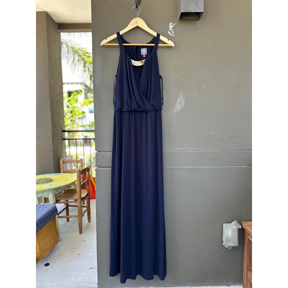 Vince Camuto Keyhole Jersey Blouson Maxi Dress Size 4 Navy Blue Evening Gown